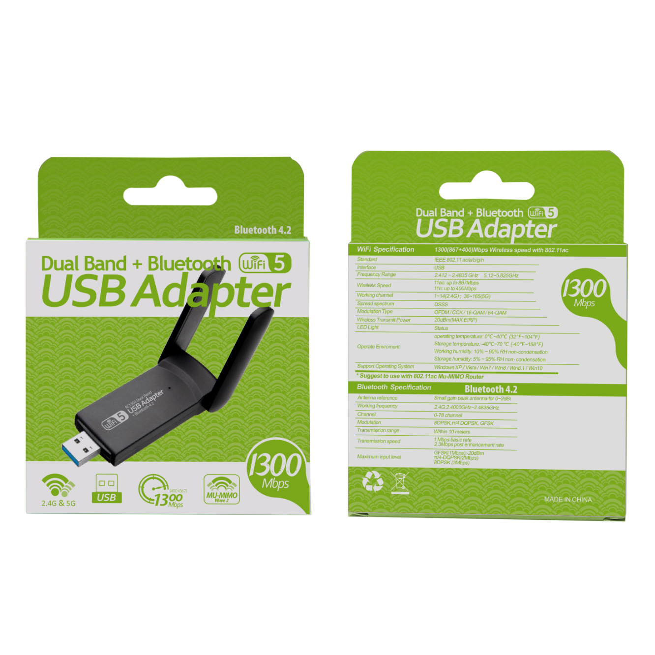 1300M Gigabit Dual-Band USB WiFi Adapter with Bluetooth 4.2 for Fast Stable Wireless