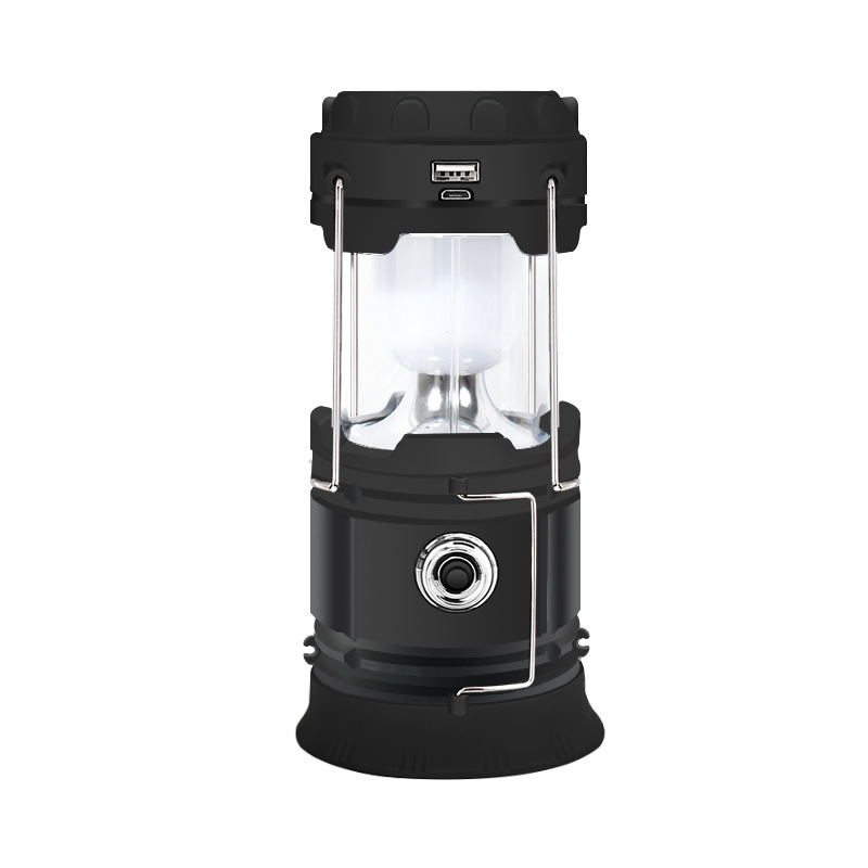 Solar LED camping lantern with USB phone charging, portable emergency tent light