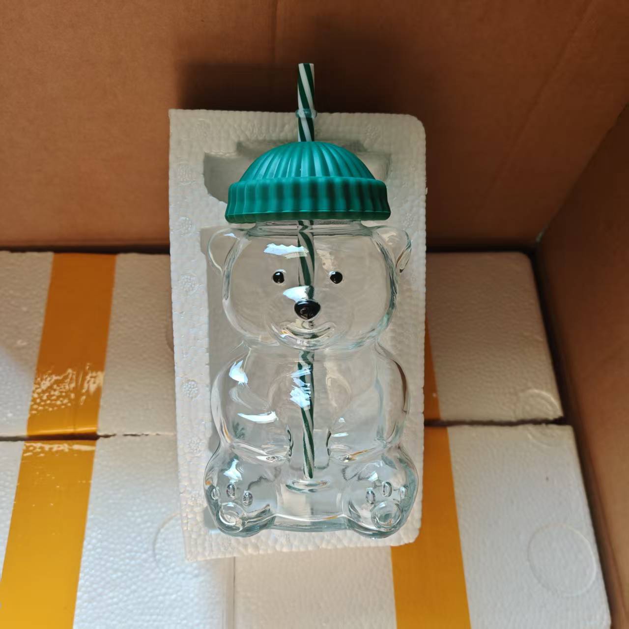 Cute Bear Glass Cup with Lid and Straw – Kawaii Double Wall Drinking Tumbler