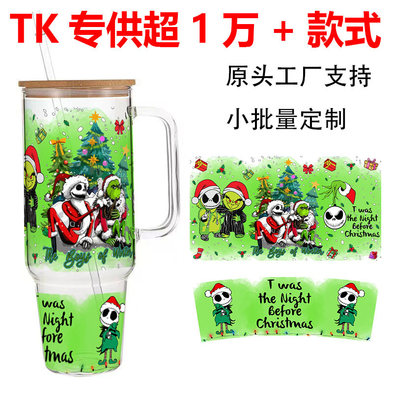 Christmas 40OZ Clear Glass Water Cup with Festive UV Printed Stickers