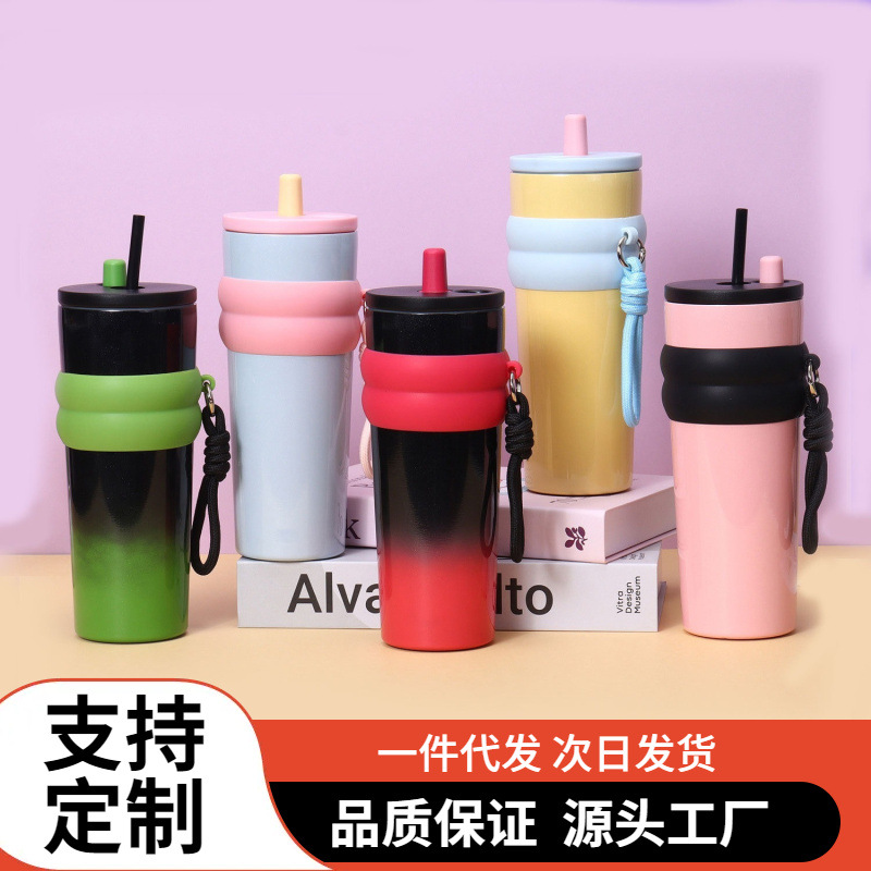 Large 316 Stainless Steel Tumbler with Straw & Carry Strap – Cold 24H / Hot 12H Travel Cup